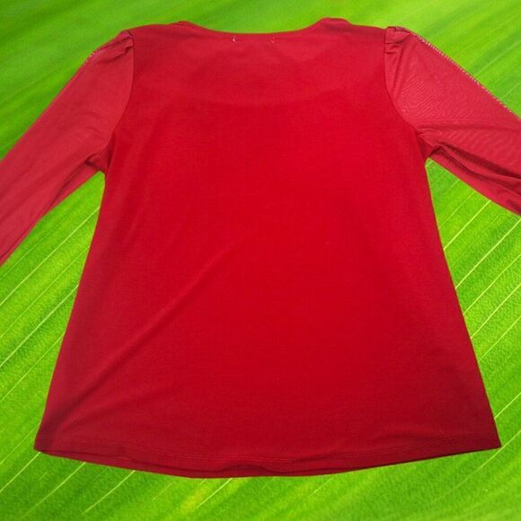 Festive red sheer sleeves crystal collar top - Picture 5 of 9